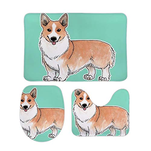 HOTLIFE-234 Koraal Fluwelen Vloermat Drie Sets Pembroke Welsh Corgi Honden-up Inclusief 60X40cm High-Absorency Toiletbril En 50X40cm Microfiber Zachte Pluizige Badkamer Tapijt, Anti-slip Mat Wasbaar