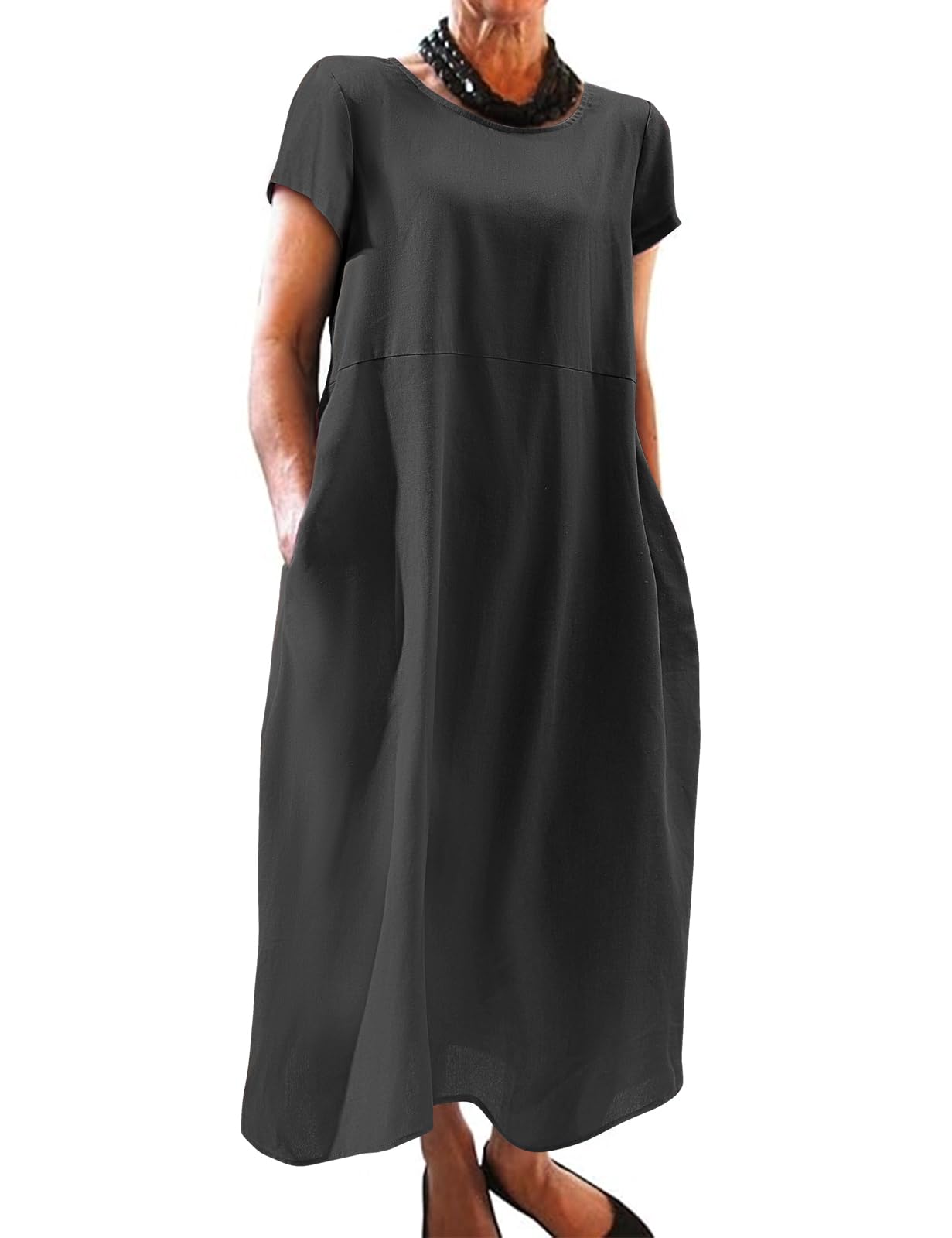 Xnova Vestidos Verano Mujer Manga Corta Sueltos Casual Vestido Playeros Largo Cuello Redondo y Bolsillos Ropa Mujer Color Sólido Tallas Grandes