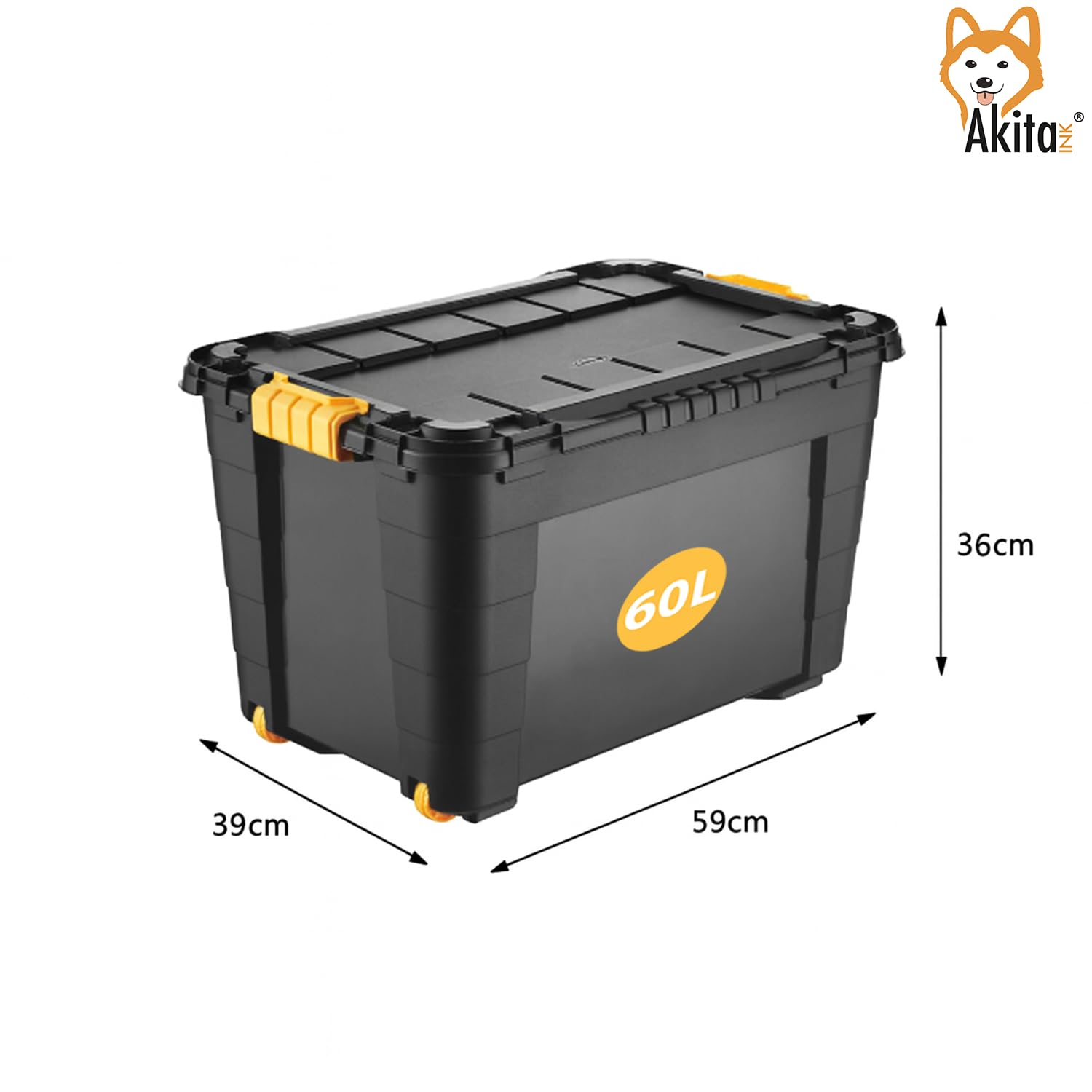 AKITAInk Contenitore Box con Ruote 60L e Coperchio - 39x36x59 cm - Magic 4 Aperture- Scatola Portaoggetti in Polipropilene Resistente, per Casa, Ufficio e Garage, Made in Italy (NERO, 60 L)