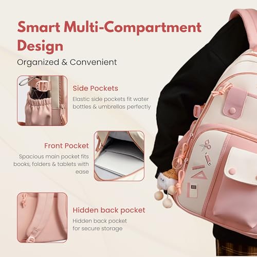 Image of Cute School Backpack for Girls - Stylish Pink & White Large Capacity Bookbag with Plush Keychain, Multiple Pockets, Lightweight Travel & College Bag