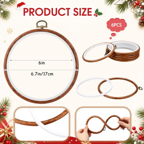 Image of Burbell 6 Pcs 6 Inch Pcs Spring Round Embroidery Hoops Frame Circle Rubber Hoops Ring Display Cross Stitch Ornament Imitated Wood Frame Kits for Christmas in July Craft Sewing DIY Hanging Gifts
