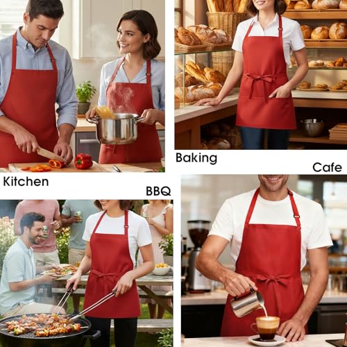 Image of BOHARERS Kitchen Cooking Apron Unisex Adjustable chef apron with 3 pockets, 1 Pack Red