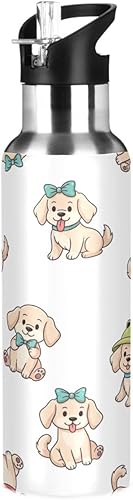 Cute Cartoon Dogs White Insulated Stainless Steel Water Bottle with Straw 20 Oz Leakproof Water Bottles, BPA-Free Sports Water Bottle with Straw