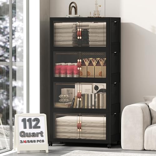 Image of UAMFURI 448QT Lockable Storage Bins with Lids - Stackable Storage Cabinet with Doors and Wheels, Collapsible Plastic Organizer and Containers for Closets, Office, 4 Pack Cubes
