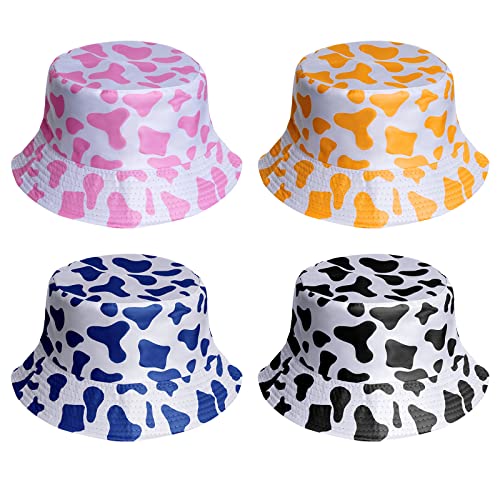 Tongcloud 4Pcs 4 Color Cute Bucket Hat Cow Print Bucket Hat Beach Fisherman Hats Reversible Foldable Sun Cap For Women Men(Yellow, Pink, White, Blue) #TOP8