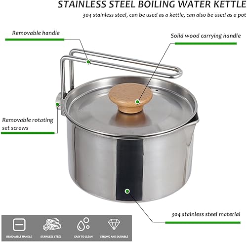 Miniatura 2 de Olla de camping de acero inoxidable con tapa y mango extraíble, hervidor de agua ligera para acampar al aire libre, fácil de limpiar, olla de