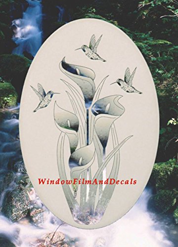 Lily & Hummingbirds Oval Etched Window Decal Vinyl Glass Cling 15" X 23" - White With Clear Design Elements #TOP1