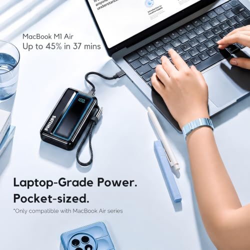 Image of Philips 10000mAh 30W Max Fast Charging Power Bank (Dark Slate) with Built-in Cable | Type-C Input /Output | 3 Output Ports | Lithium Polymer | Portable for Mobile, Tablet & Earbuds
