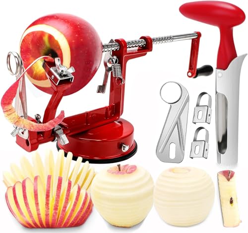 Apple Peeler Corer, 5 In 1 Apple Peeler Slicer Corer with Stainless Steel Blades and Powerful Suction Base for Apples and Potatoes(Ruby)