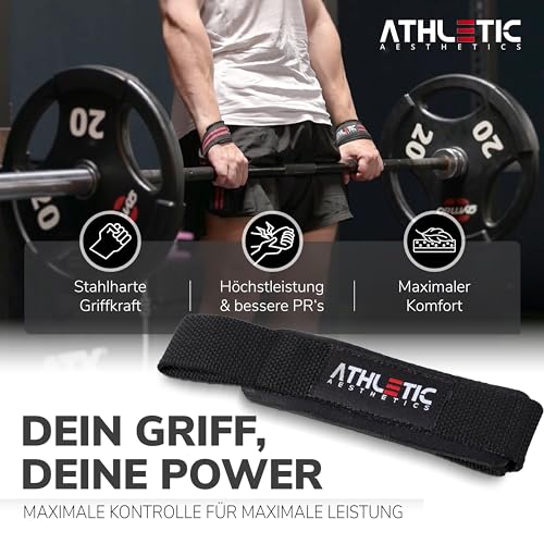 ATHLETIC AESTHETICS Zughilfen für Krafttraining und Bodybuilding (gepolstert) - Profi Lifting Straps 60 cm Länge für Fitness… – Ansicht 2