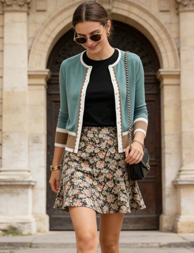 Image of Women's Cardigan Sweater Color Block Long Sleeve Crew Neck Knit Cardigan Trendy Cropped Cardigan Shrug
