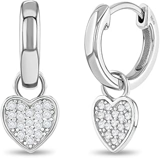 925 Sterling Silver Cubic Zirconia Heart Charm Hoop Earrings for Young Girls & Pre-Teens 11mm - CZ Jewelry for Formal and Everyday Wear - Heart Themed Jewelry for Girls