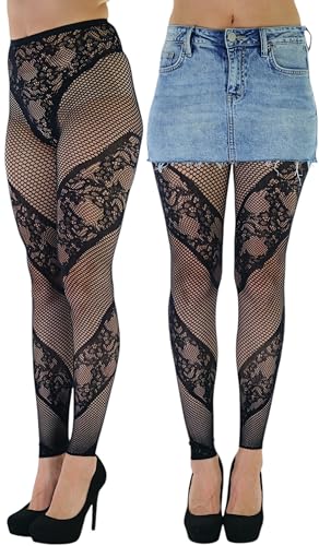 Image of ToBeInStyle Women's Single Floral Lace Fishnet Tights Footless & Stirrup Design