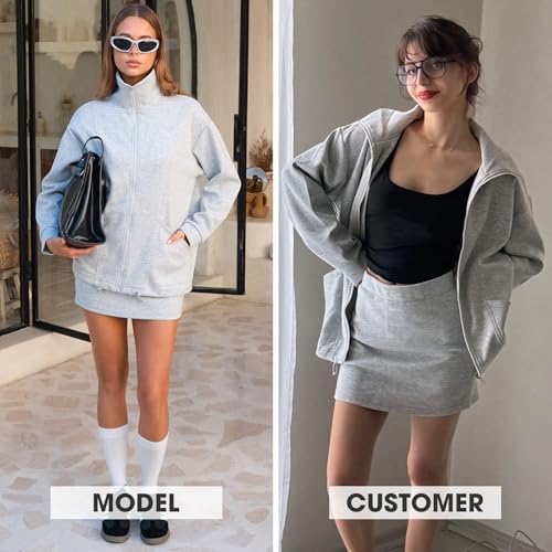 EXLURA Womens 2 Piece Sets Workout Zip Up Sweatshirts Matching Skort Skirt Sweatsuits Sweat Set Fall Tracksuit Pockets 20252