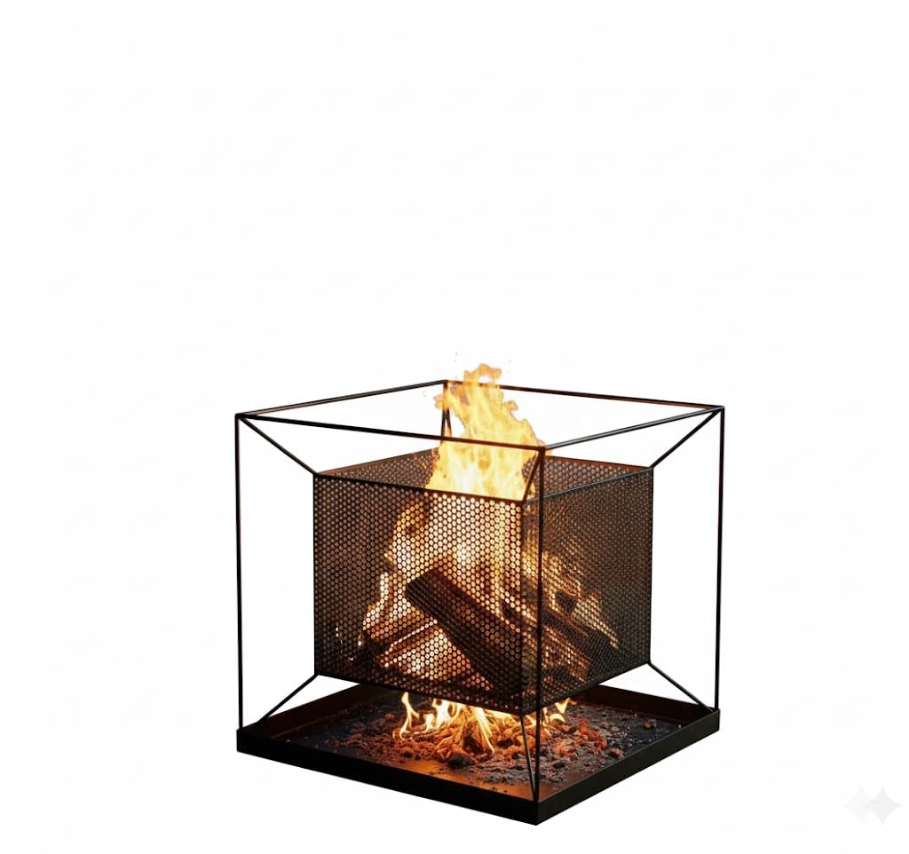 Square Fire Pit Basket with Built-in Ash Catcher, Patio Heater Log Wood Charcoal Burner, Black Metal, Contemporary Design, 44cm x 44cm x 44cm