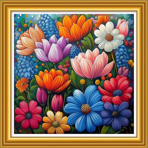Image of Foxhool Stamped Cross Stitch Kits,11CT Printed Cross Stitch Pattern Full Embroidery Kits for Beginner Needlepoint Kits&Colorful Flowers 18x18 inch