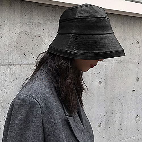 Felite Fnn Women Wide Brim Fall Winter Pu Leather Bucket Hat Waterproof Fishermen Cap Black #TOP4