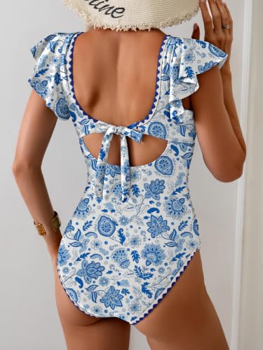 Image of Aidonger Women's One Piece Ruffle Swimsuit Tummy Control Bathing Suit V Neck Shell Stitched Swim Suit Slimming Swimwear
