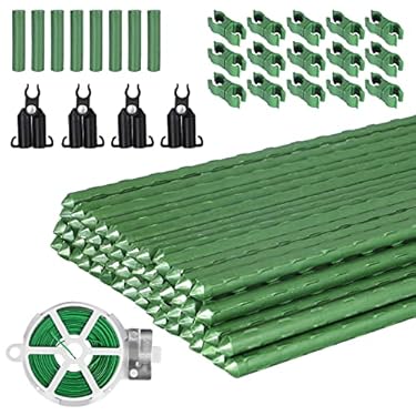 AMAZON - Garden Stakes 60 Pack, 16 Inch Each, DIY 3ft 4ft 5ft 6ft 7ft Sturdy Steel Plant Stakes with 50 Connectors, 30 Rotatable Clips, 10 A-Type Connecting Pipe and 164 Feet Twist Tie for Climbing Plants
