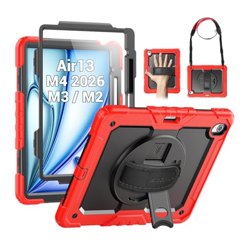 Image of SEYMAC for iPad Air 13 Inch Case M4 / M3 / M2 (2026 /2025 / 2024), Heavy Duty Shockproof Protective Case with Screen Protector, 360 Rotating Stand, Hand /Shoulder Strap and Pen Holder, Red