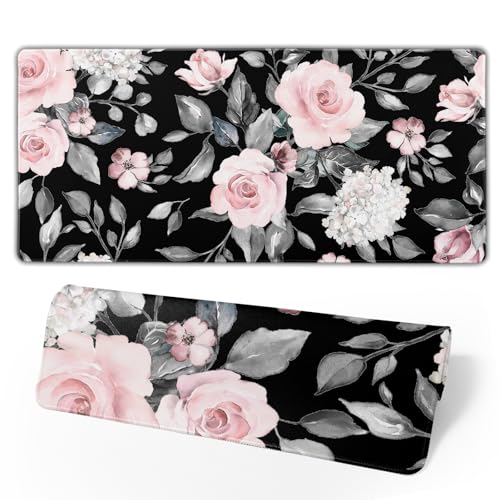 Image of Floral Extended Gaming Mouse Pad Non-Slip Rubber Base Black Large Mousepad 31.5x11.8in with Stitched Edge Waterproof Flowers Pads Computer Black Desk Laptop Mats for Work /Game /Office /Home