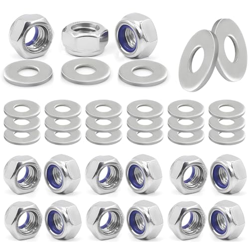 Uqingo 50PCS M4 Nuts Nylock Nuts and 50PCS Washers, M4 4mm 304 Stainless Steel Hex Self Locking Nut, Nylon insert Thread Lock Nut Kits Hexagon for Bolts & Screws (Silver)