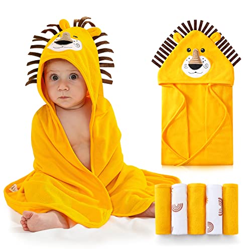 Image of SYNPOS Baby Hooded Bath Towels, Newborn Boy Girl Essential Soft Animal Hoodie Towel with 5 Washclothes, Absorbent and Non-Balling Cotton Bath Blanket for Toddler Infant (Yellow Lion, 30.00" x 30.00")