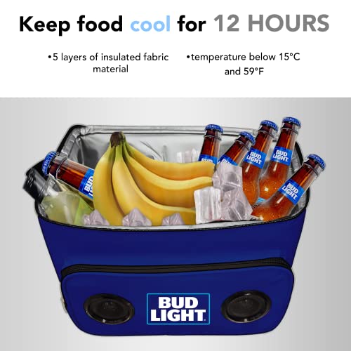 Bud Light Insulated Leakproof Soft Cooler Bag - Bluetooth Version 5.0, Sound, Portable Beverage, Cooling, Adjustable Strap, 24-Can Capacity, Outdoor Gatherings and Tailgates
