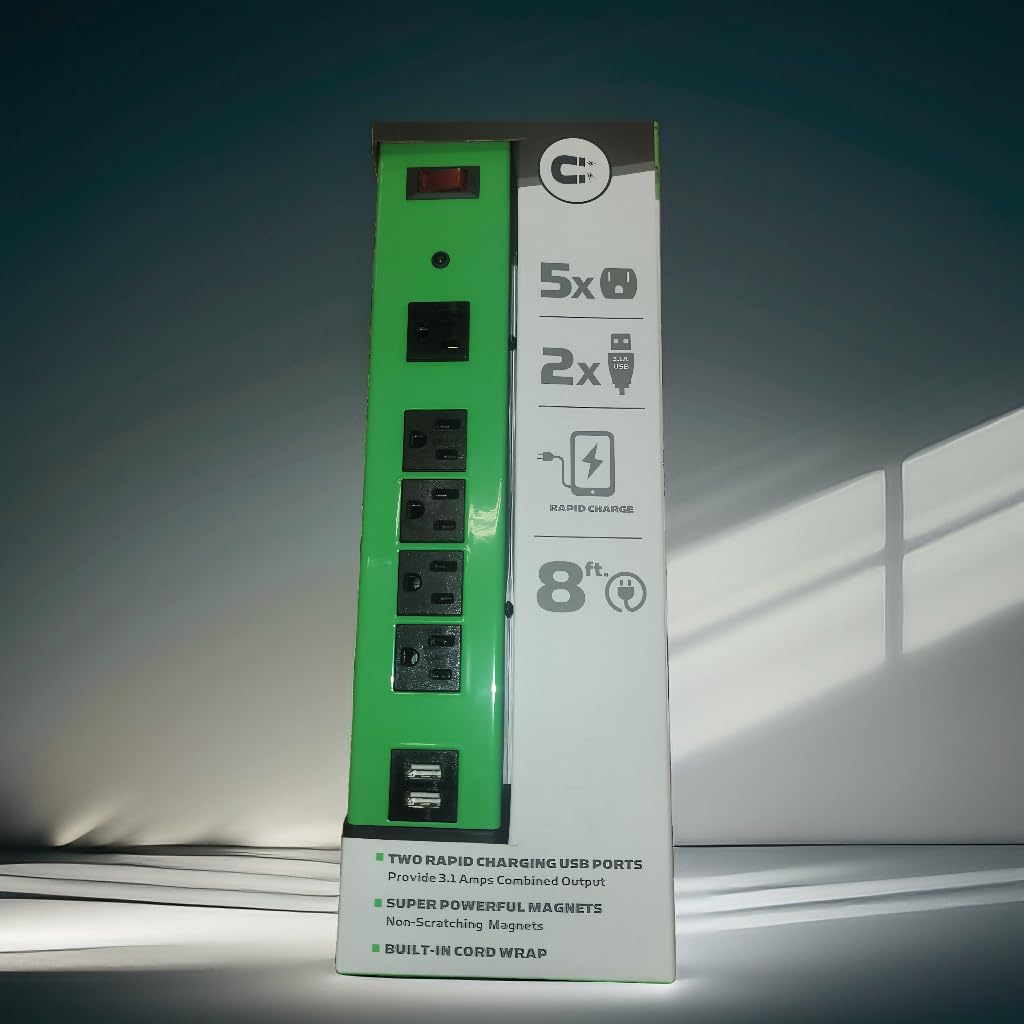 5-Outlet Magnetic Power Strip with Metal Housing and 2 USB Ports Compatible with U.S. General - Green