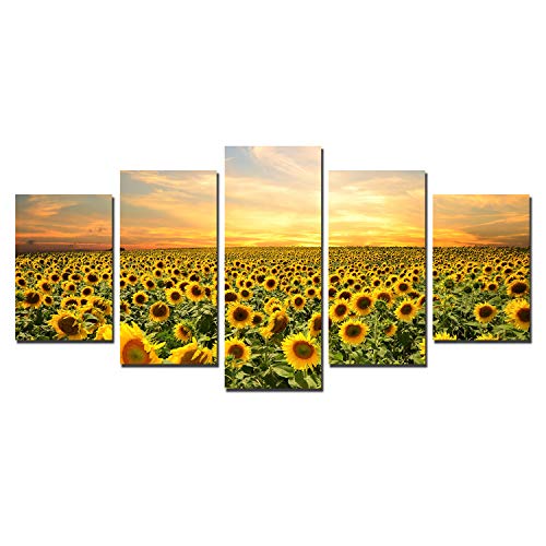 Sunflower Painting Canvas Wall Art - Sunset Landscape Pictures Wall Decor for Kitchen Living Room Artwork Modern Flowers Canvas Prints Nature Sunshine Home Office Decorations Floral 5 Panels Unframed
