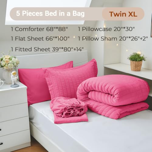 Image of MUXHOMO 5 Pieces Twin XL Comforter Set, Seersucker Bed in a Bag Twin XL Size, All Season Luxury Bedding Set with Comforter, Flat Sheet, Fitted Sheet, Pillowcase & Sham, Hot Pink