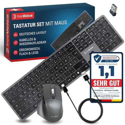 freeVoice Tastatur Maus Set kabellos & wiederaufladbar I Leise Bluetooth Tastatur mit deutschem...
