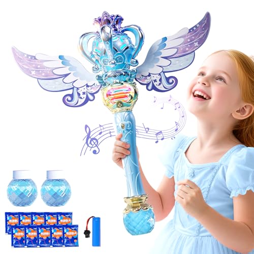 Uregoio Princess Bubble Wands Machine for Kids with Rotating Design, Outdoor Bubble Maker Toys for Kids Ages 4-8, Rechargeable Light Up & Music Fairy Wands, Party Birthday for 3+ Year Old Girls(Blue)