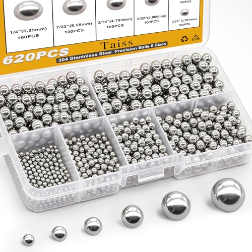 Image of Taiss 620PCS 304 Stainless Steel Precision Balls,Bicycle Bearing Balls Assortment Kit,6 Sizes Steel Balls 1 /4 inch 7 /32 inch 3 /16 inch 5 /32 inch 1 /8 inch 3 /32 inch,Precision Steel Ball F-086-620PCS