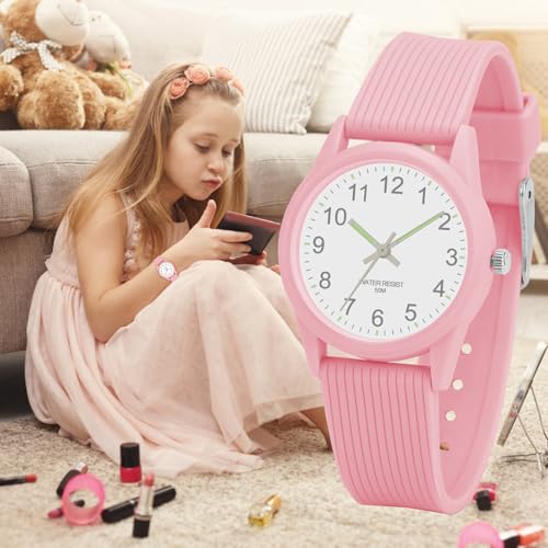 Image of Kids Analog Watches for Girls Boys Watches with Soft Band Learning Time 50M Waterproof Children Watch Easy to Read for Ages 4-12 Kids Gift (L-Pink)