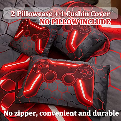 Image of Game Console Red Comforter Set with Sheets, 6 Pcs Bed in A Bag Geometric Lightweight Full Size Boys Bedding Set for Girls Kids