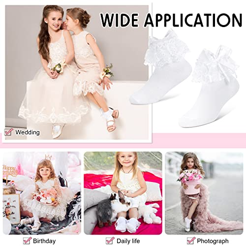 Geyoga Mädchen Rüschen Socken mit Spitze Weiß Schleife Socken Rüschen Söckchen für Prinzessin Kostüm Party, 4-6 Jahre Mädchen
