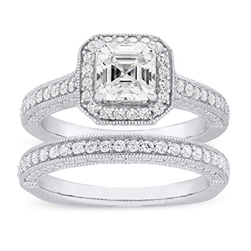 Lexi And Rose .925 Sterling Silver & Asscher Cut Cubic Zirconia With Halo Cathedral Style Engagement Ring And Half Eternity Style Wedding Band Bridal Set - Size 8 #TOP21