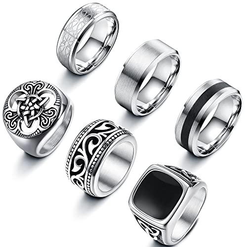 LOLIAS 6 Pcs Stainless Steel Men Rings Silver Matte Finish Polished Signet Rings Band Rings Bottle Opener Rings Celtic Knot Vintage Engagement Promise Wedding Band Rings