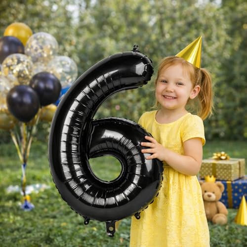 Image of Rozi Decoration 6 Number Black 32 Inch Foil Balloons Air or Helium Supported for Happy Anniversary, Happy Birthday, Achievement Celebration Foil Balloons for Birthday Pack of 2 Pcs