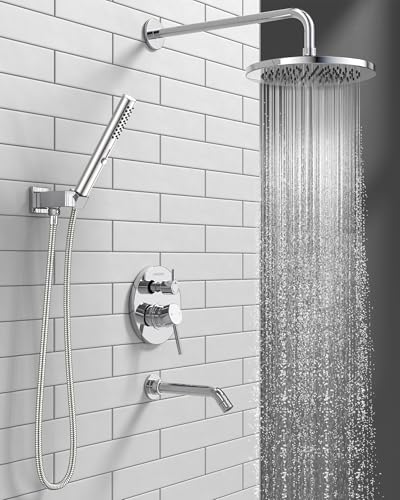 Image of Lava Odoro Modern 3-Setting Round Rain Bathtub and Shower Faucet Set, Chrome Rainfall Shower Head and Handle Set, Rain Shower System with Tub Spout, Shower Valve Trim Kit, Chrome, SF104-C-T