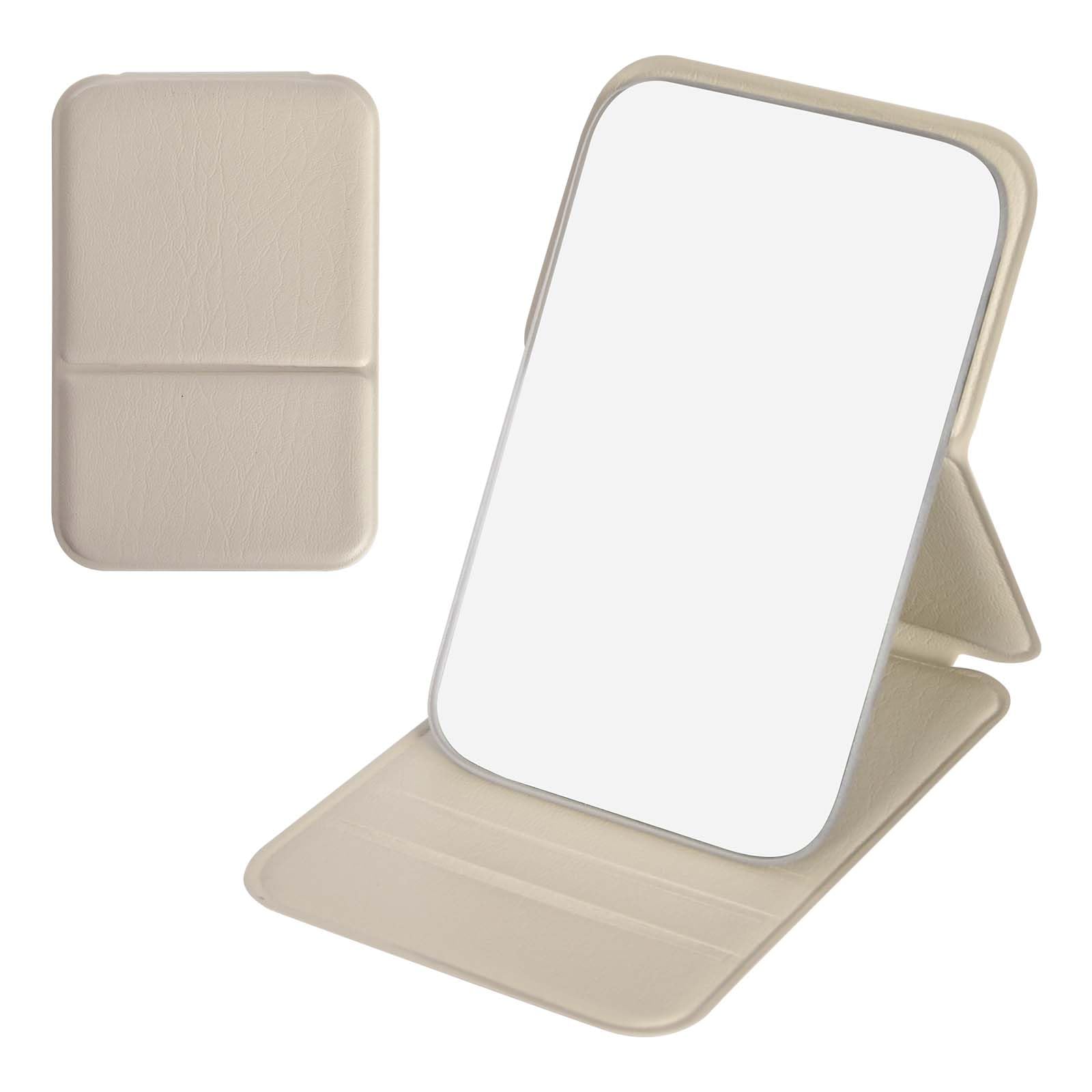 Naapesi Portable Folding Mirror,11 * 7cm Makeup Mirror,PU Leather Travel Mirror, Folding Tabletop Mirror, Pocket Mirror,for Office Desk,Vanity Table, Travel, Camping Festival Essentials (Beige)