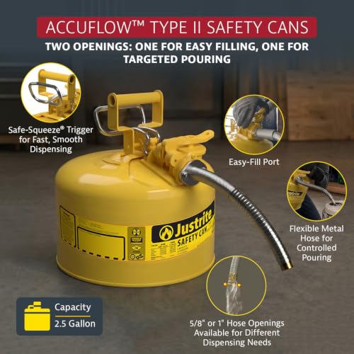 Image of Justrite Type II Diesel Fuel Can, Yellow Galvanized Steel, FM Approved | Flammable Liquid Storage Can with Controlled Pouring, 2.5 Gallon Capacity, 5 /8 inch Hose, Flame Arrester, OSHA,NFPA Compliant