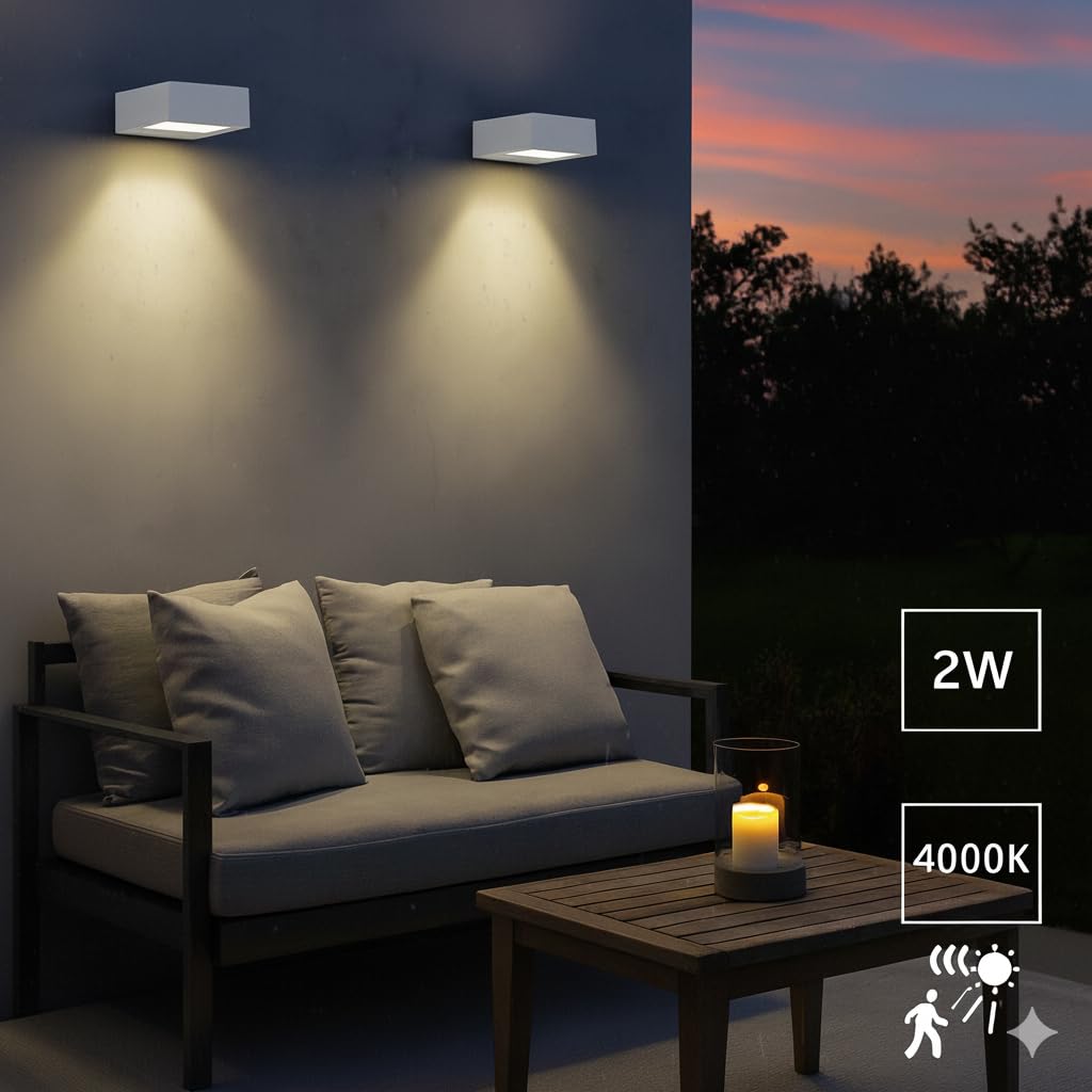 M Ledme - Applique LED solare da parete White Bin 2W, luce esterna con sensore di movimento e crepuscolare, protezione IP65, illuminazione 4000K (neutra), ricarica rapida e autonomia di 6-8 ore