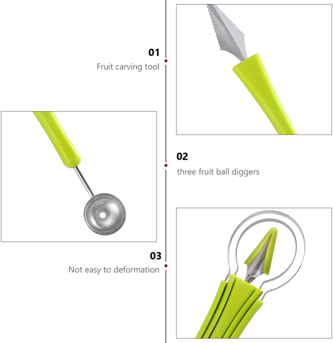 3-in-1 Melon Baller Scoop Stainless Steel Fruit Carving Tool