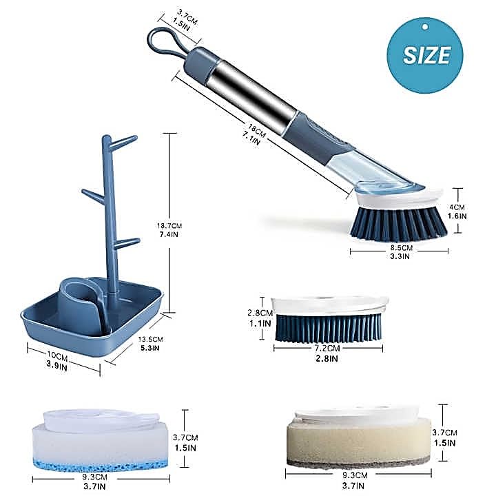 Image of Soap-Dispensing Dish Washing Brush Set - Includes 4 Replaceable Heads & Stylish Storage Stand - Effortless Scrubbing for Dishes, Pots, Pans & Sinks