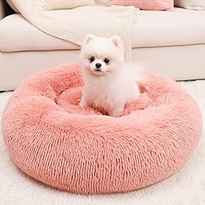 WAYIMPRESS-Calming-Dog-Bed-for-Small-Medium-Dogs-Cats-Washable-Round-Plush-Pet-Puppy-Bed-with-Fluffy-Faux-Fur-for-Anti-Anxiety-and-Cozy-20×20-Inch-Pink