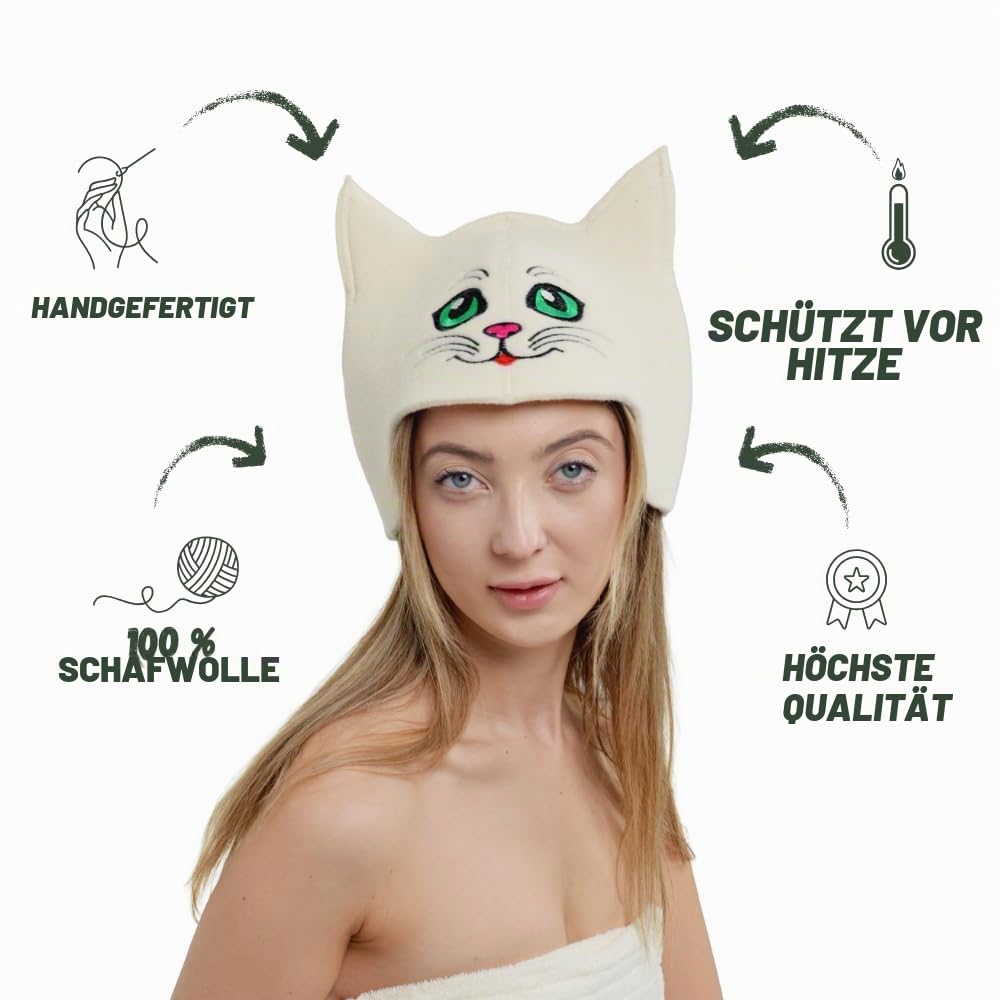 Saunahut "Sauna Kitten Green" weiß - 100% Bio-Wollfilzmmützen für russische Banya - Schützen Sie Ihren Kopf vor Hitze - Sauna eBook Guide enthalten - mit Stickerei