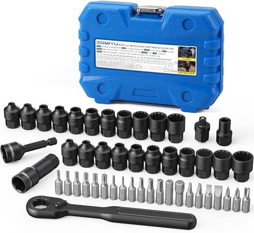 ZOMIYU 1/4-Inch Drive Pass Through Socket Set, 48-Piece Go-Thru Ratchet Kit, Metric & SAE, Low Profile for Long Bolts & Tight Spaces, Includes Extension Bar & Adapters, Cr-V Steel - image 1