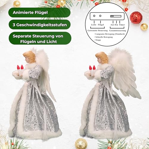 Cyraft Christbaumspitze Engel mit automatisch schlagenden Flügeln – Weihnachtsbaumspitze beleuchtet in Silber, 30 cm, mit Hellen LEDs & separat steuerbaren Flügeln, 6 Std. EIN / 18 Std. Aus